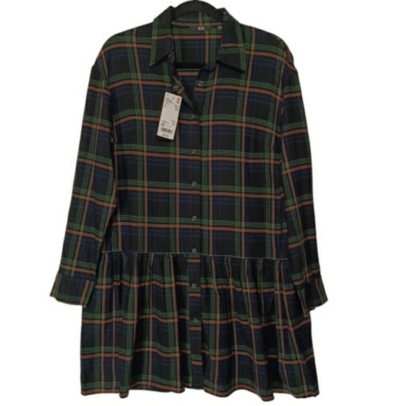 UNIQLO Soft Flannel Long Sleeve Tiered Black Green Blue Plaid Print Mini Dress - Picture 2 of 9